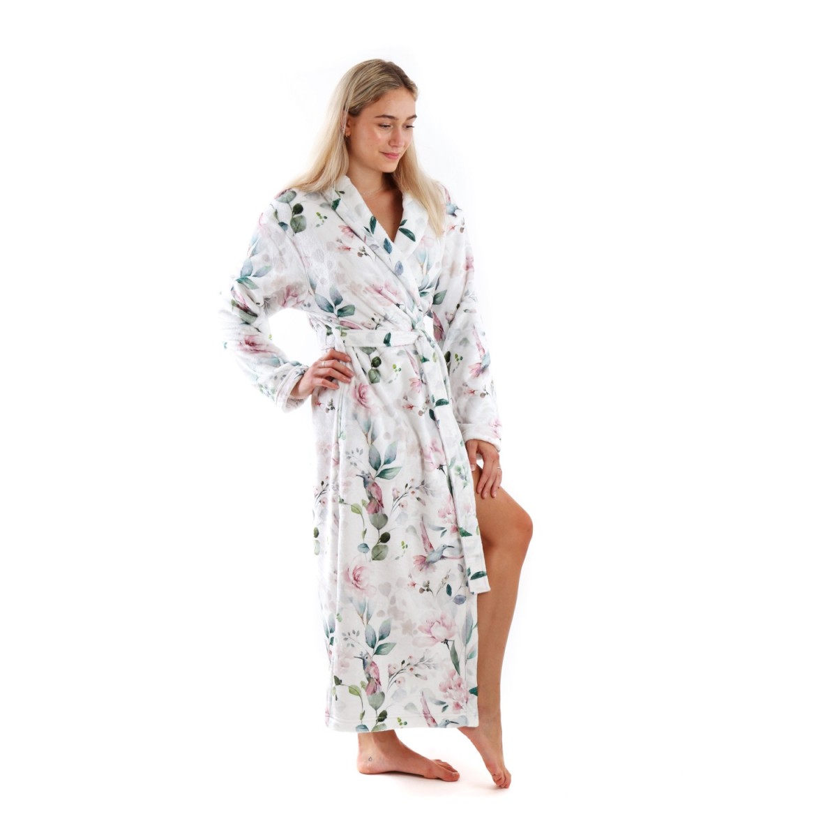 dlouhý hřejivý dámský župan Calypte s motivem kolibříků