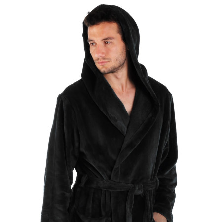 Pánský župan Milano, lehký hřejivý černý župan s kapucí.